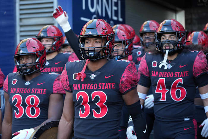 Nov 26, 2021; Carson, California, USA; San Diego State Aztecs safety Patrick McMorris (33) enters the field before the game against the Boise State Broncos Dignity Health Sports Park. San Diego State defeated Boise State 27-16. Mandatory Credit: Kirby Lee-USA TODAY Sports